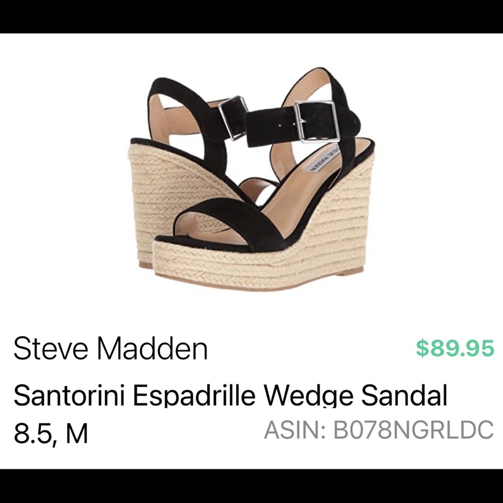 Steve Madden black suede Santorini wedge, 8.5.